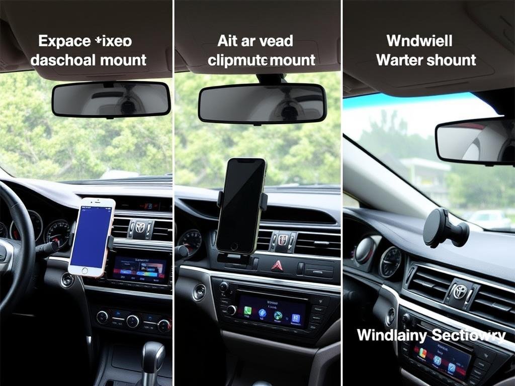 Different types of Toyota Camry phone mounts - dashboard, vent, and windshield options