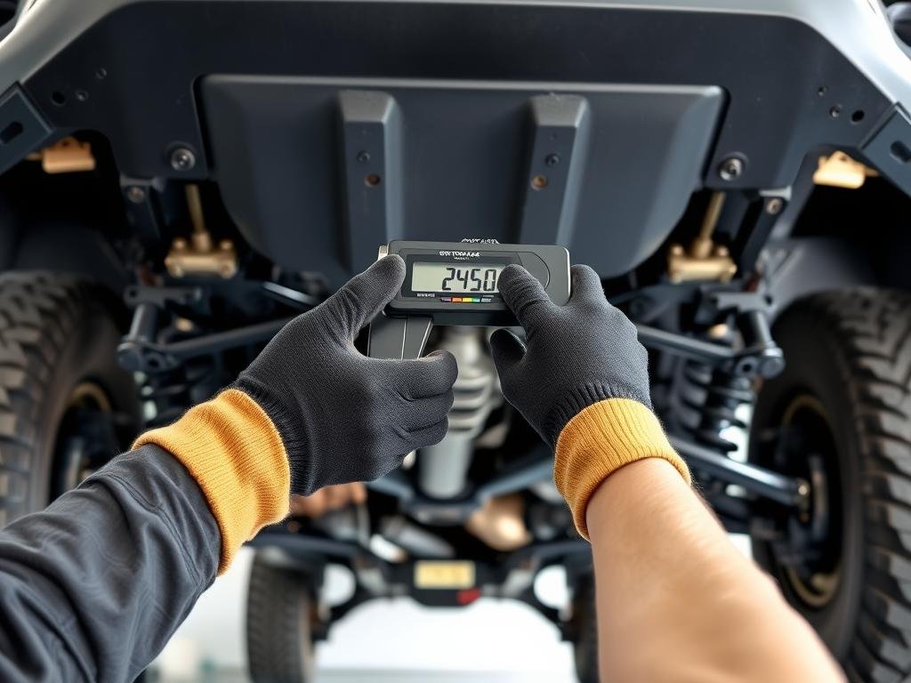 Technician measuring Toyota RAV4 suspension angles during lift kit testing - best Toyota RAV4 lift kit 2025 review