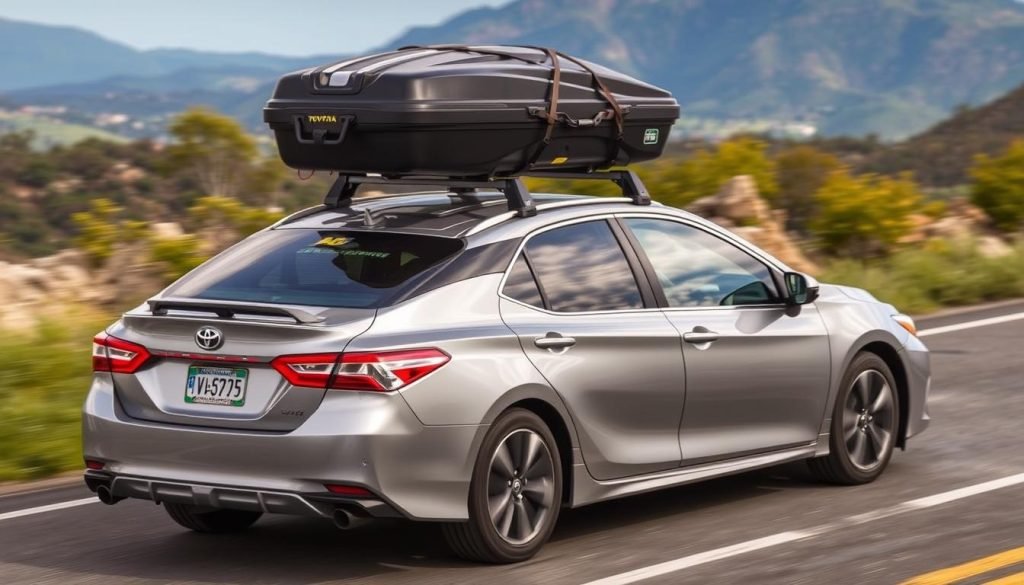 Toyota Camry with roof rack loaded with cargo on a road trip