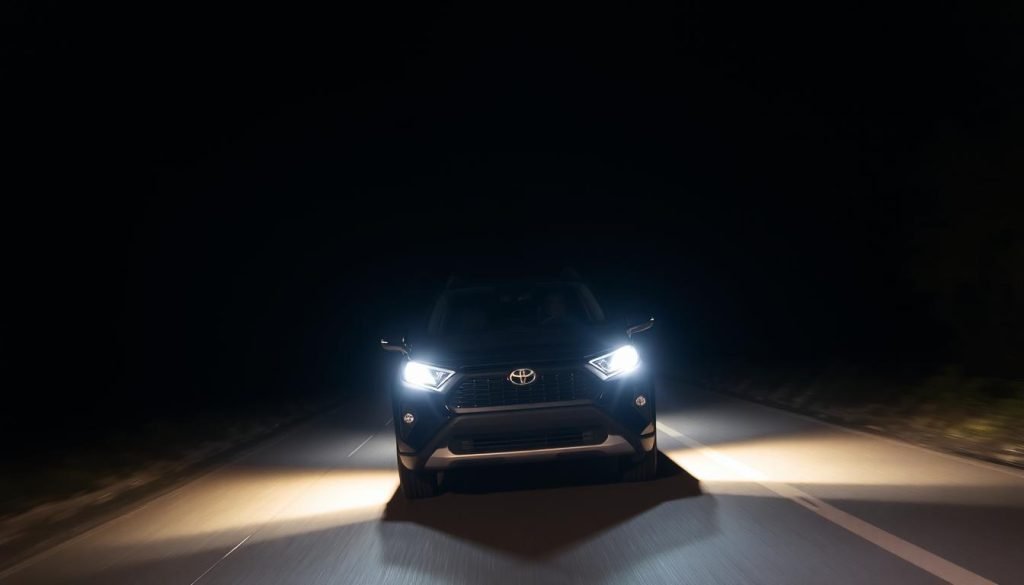 Toyota RAV4 with upgraded LED headlights illuminating a dark road - best Toyota RAV4 LED headlights 2025 review